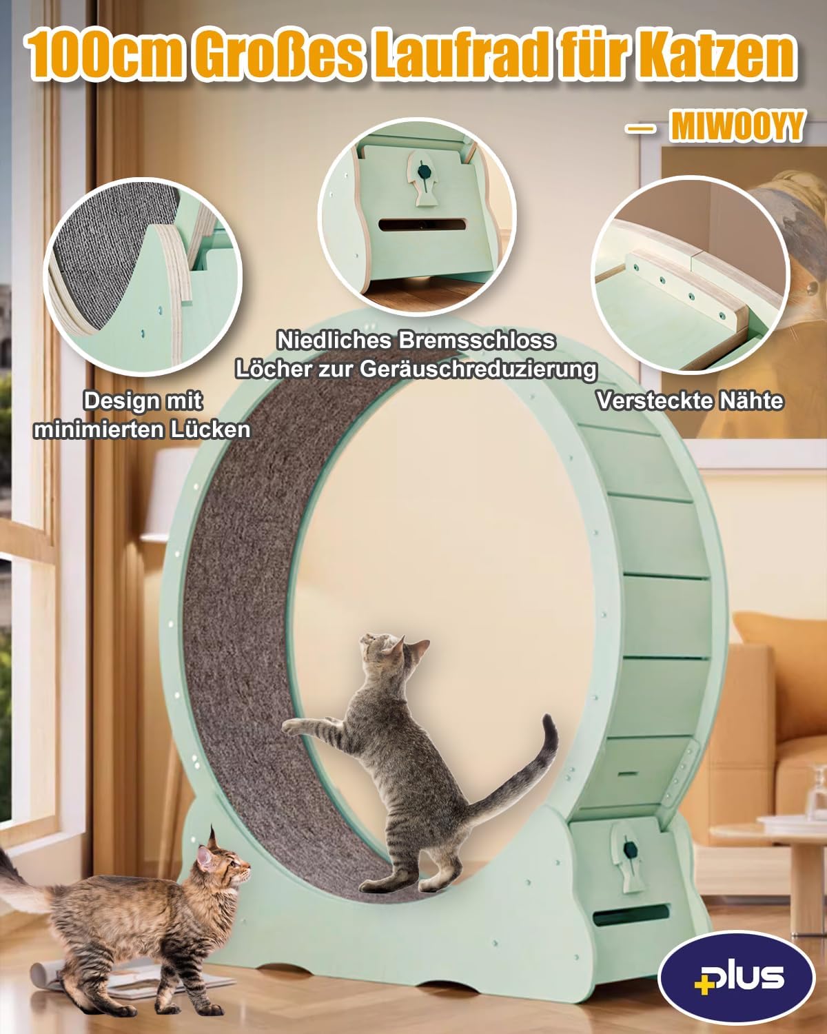 MIWOOYY Katzenlaufrad Großes Laufrad für Katzen 100cm – Schwarzes Katzenrad aus Massivholz für Drinnen Katzen, Sicherheits Katzen Laufrad mit Schloss und Minimiertem Spaltdesign