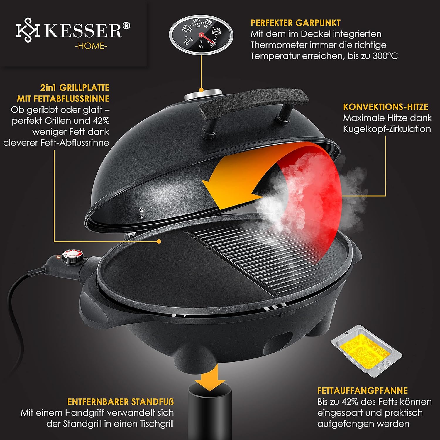 KESSER® Barbecue elettrico 2 in 1 da tavolo e da terra con coperchio, base, termometro max. 2400 Watt, piastra antiaderente XXL, ripiano, barbecue elettrico a colonna, set per barbecue incluso
