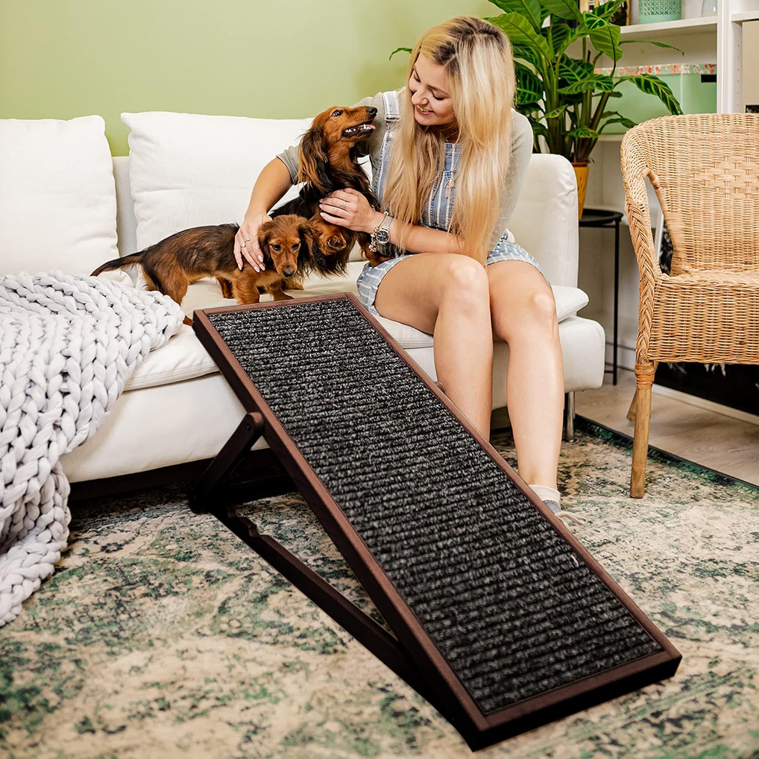 Holtaz Rampa per Cani Rampa per Gatti Scaletta per Cani per Letto o Divano Pieghevole in Legno Petwalk Scala per Cani Rampa di Carico per Animali Domestici con Inserto Antiscivolo Naturale