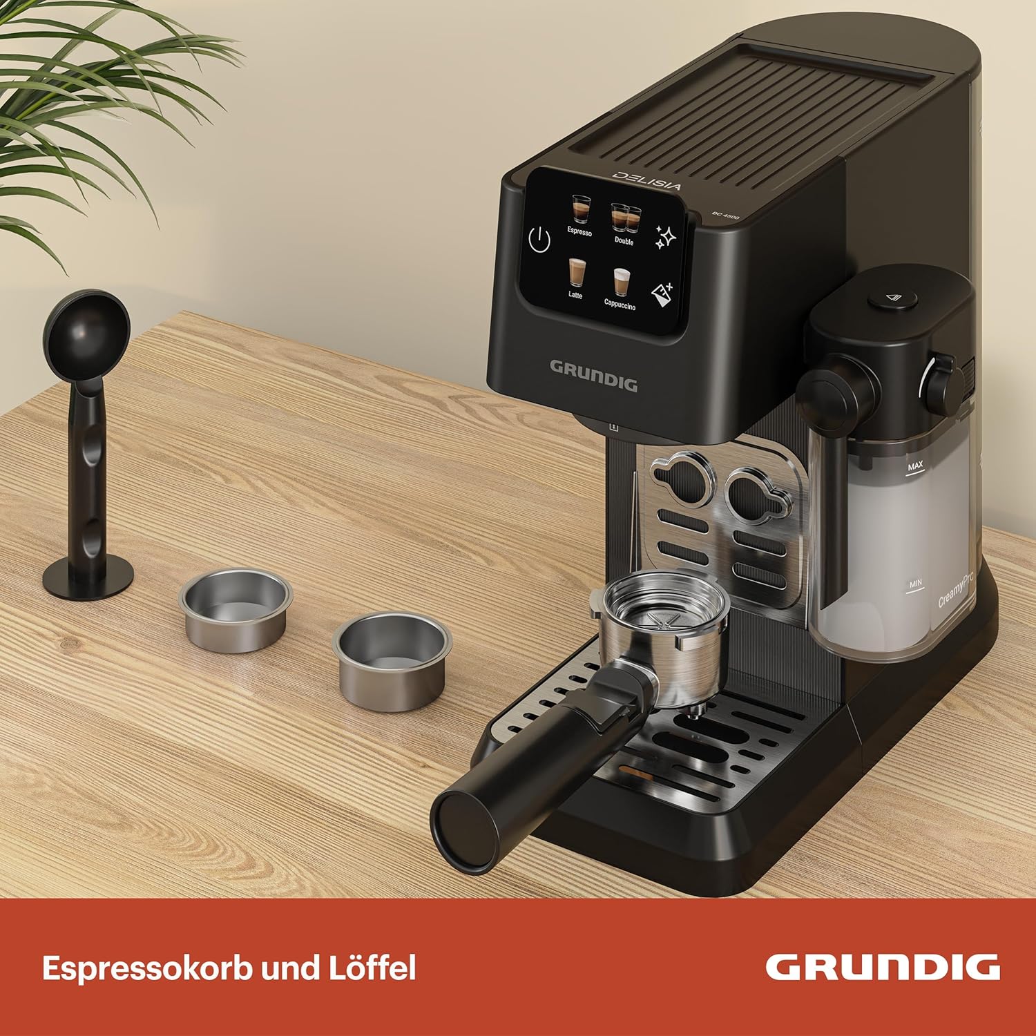 GRUNDIG KSM 5330 Macchina da caffè con portafiltro e contenitore per il latte integrato, 1628 W di potenza, 15 bar di pressione della pompa, ugello doppio, display touch a colori, BrewSense, CreamyPro, Inox scuro/Nero