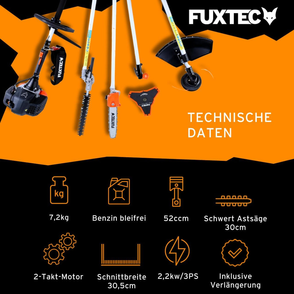 FUXTEC Decespugliatore a scoppio FX-MT152E Multitool 5in1, 52 cc, imbracatura professionale e prolunga da 1m inclusa, 3 CV, combinato tagliasiepi, potatore ad asta, sistema combinato, decespugliatore fs 2 tempi test di classe superiore 1,4