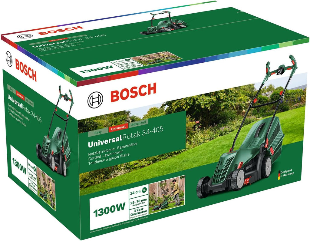 Bosch kabelgebundener Rasenmäher UniversalRotak 34-405 (1300-W-Motor, Schnittbreite: 34 cm, 40-Liter-Grasfangkorb, geeignet für ebenes Rasenmähen und Schneiden kleinster Kanten)