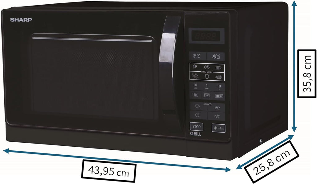 Sharp Libera installazione, R642BKW Forno a microonde 2 in 1 con grill / 20 L / 800 W / Grill al quarzo da 1000 W / 8 programmi automatici / Timer / Blocco bambini / Modalità di risparmio energetico / Piatto girevole in vetro (25,5 cm) / nero