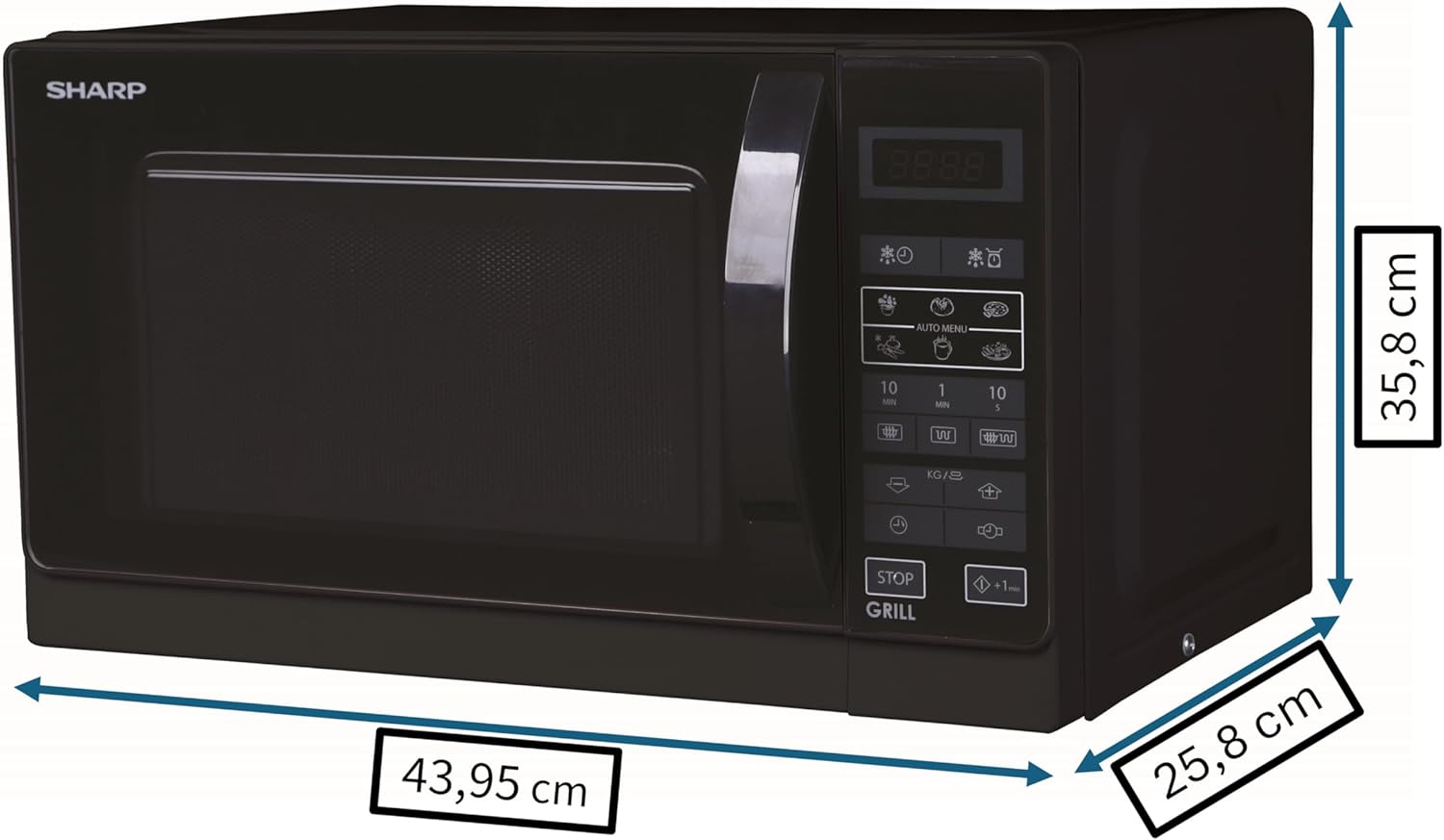 Sharp Libera installazione, R642BKW Forno a microonde 2 in 1 con grill / 20 L / 800 W / Grill al quarzo da 1000 W / 8 programmi automatici / Timer / Blocco bambini / Modalità di risparmio energetico / Piatto girevole in vetro (25,5 cm) / nero