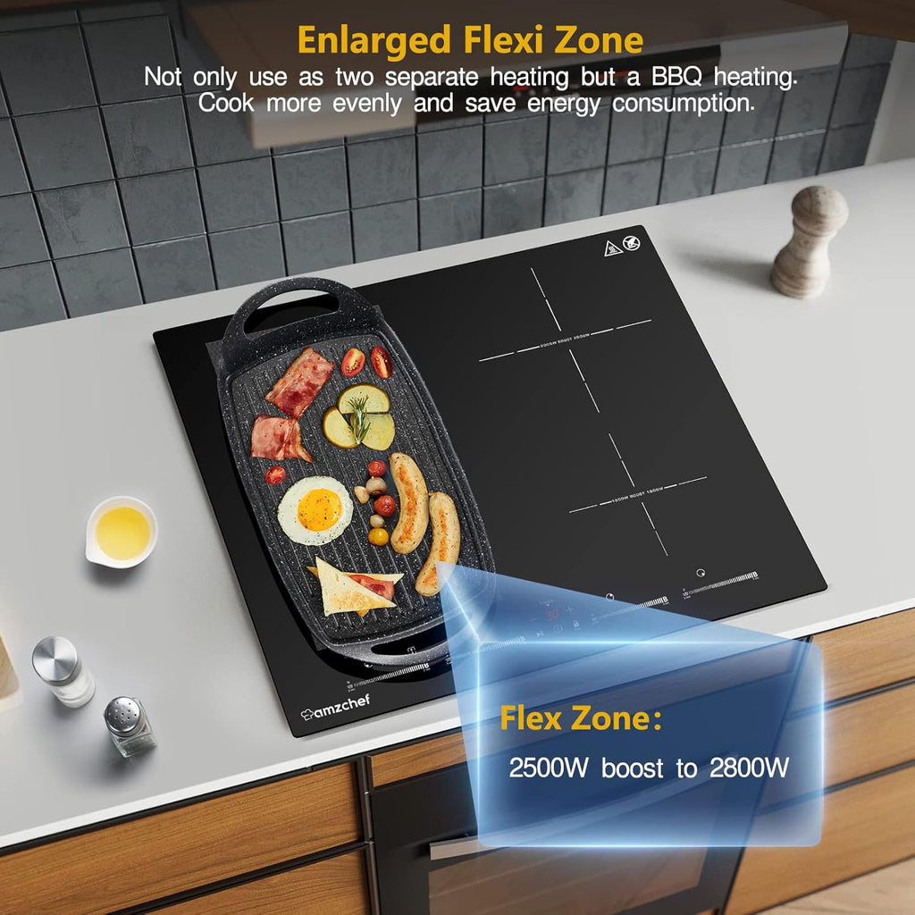AMZCHEF Piano cottura a induzione con due zone flessibili, piano cottura a induzione a 4 zone con funzionamento silenzioso (42 dB), 9 livelli di potenza e Booster - Funzione BBQ, funzione Pausa e Mantieni caldo, 7400 W