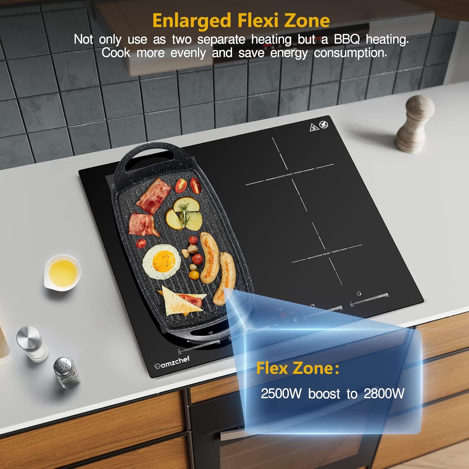 AMZCHEF Piano cottura a induzione con due zone flessibili, piano cottura a induzione a 4 zone con funzionamento silenzioso (42 dB), 9 livelli di potenza e Booster - Funzione BBQ, funzione Pausa e Mantieni caldo, 7400 W