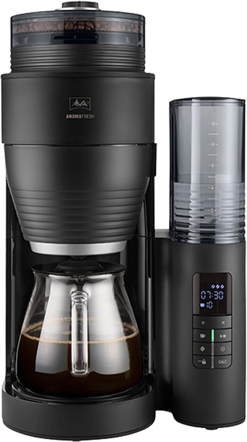 Melitta AromaFresh X - Macchina da Caffè con Macinacaffè, Macchina da Caffè Filtrato con Caraffa in Vetro e Blocco Antigoccia, per Fino a 10 Tazze di Caffè, Nero/Argento