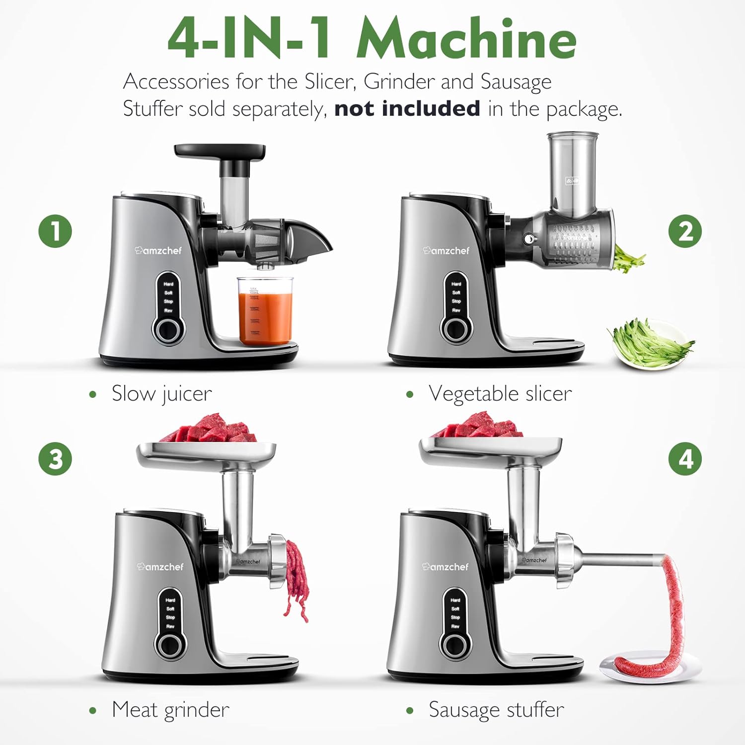AMZCHEF Estrattore di Succo per Frutta e Verdura con 2 Modalità di Velocità - Slow Juicer con Bottiglia Portatile e 2 Tazze - Cold Press Juicer Senza BPA con LED Intelligente e Funzione di Inversione - Nero