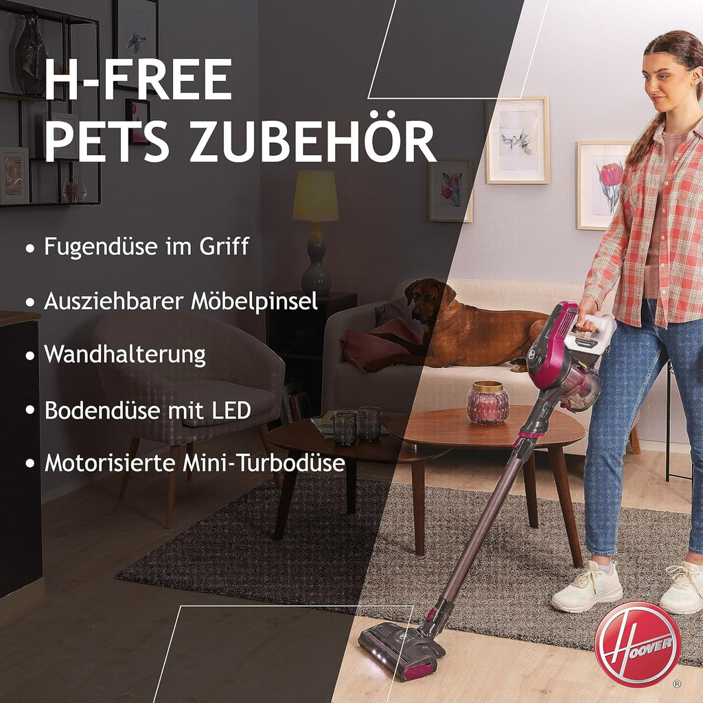 Hoover Akku-Staubsauger ohne Beutel + Tierdüse I bis zu 120 m mit 1 Akkuladung I Staubsauger kabellos mit LED, XL Staubbehlter & Parkfunktion I Akkusauger mit Fugendüse & Staubbürste [HF110P]