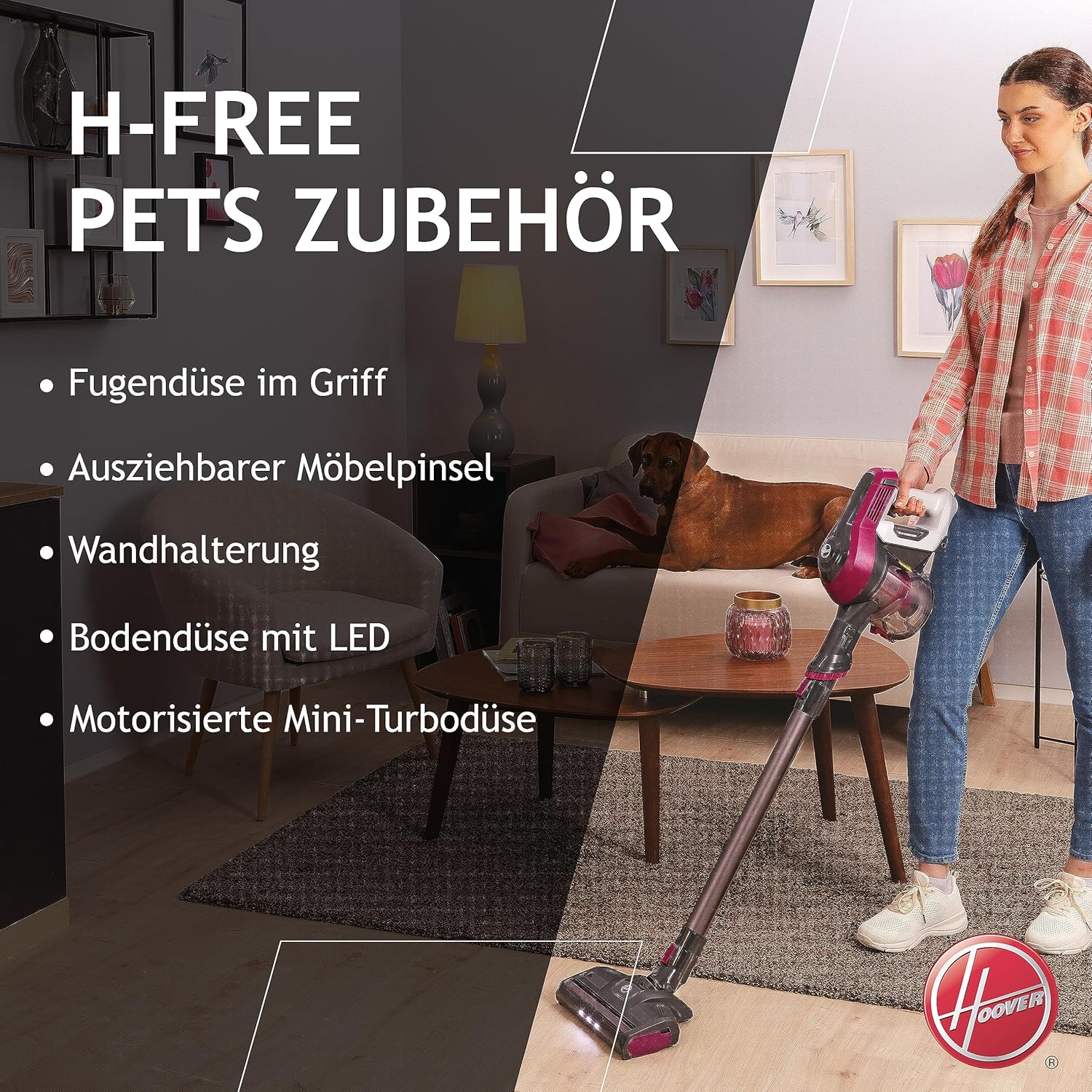 Hoover Akku-Staubsauger ohne Beutel + Tierdüse I bis zu 120 m mit 1 Akkuladung I Staubsauger kabellos mit LED, XL Staubbehlter & Parkfunktion I Akkusauger mit Fugendüse & Staubbürste [HF110P]