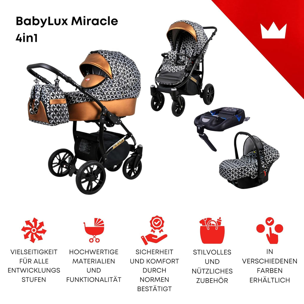 BabyLux® Bambimo Set Passeggino 3 in 1 - Optimal - incl. Navicella, Seduta Passeggino, Seggiolino Auto Ovetto - Seggiolino Auto - Set Passeggino - Passeggino Combinato con Borsa Fasciatoio, Parapioggia ecc.