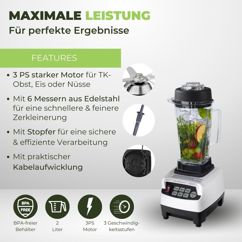 OmniBlend Smoothie Maker 2L in schwarz I Smoothie Mixer inkl. BPA-freiem Behlter & 6-Klingen-System aus Edelstahl I Mixer Smoothie Maker ideal für grüne Smoothies I Standmixer mit 3 PS Motor