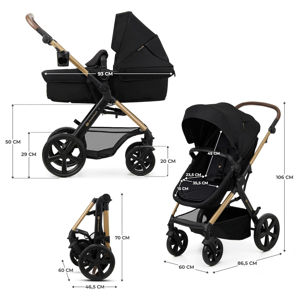 Kinderkraft MOOV2 AIR Passeggino 3 in 1 Set Passeggino fino a 26 kg con seggiolino auto I-SIZE 40-75 cm, funzione passeggino, schienale reclinabile, ampia capottina estensibile, ruote gonfiabili, nero
