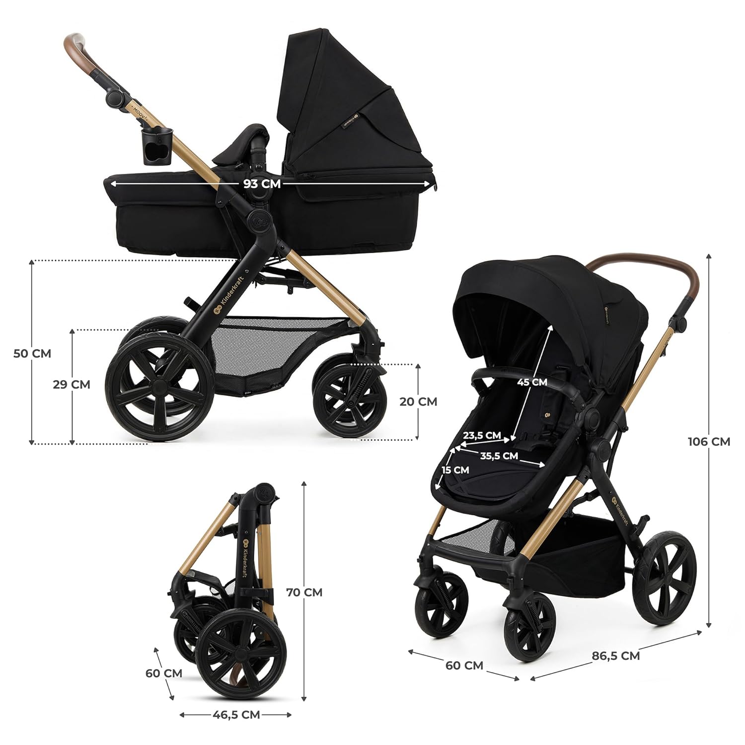 Kinderkraft MOOV2 AIR Passeggino 3 in 1 Set Passeggino fino a 26 kg con seggiolino auto I-SIZE 40-75 cm, funzione passeggino, schienale reclinabile, ampia capottina estensibile, ruote gonfiabili, nero
