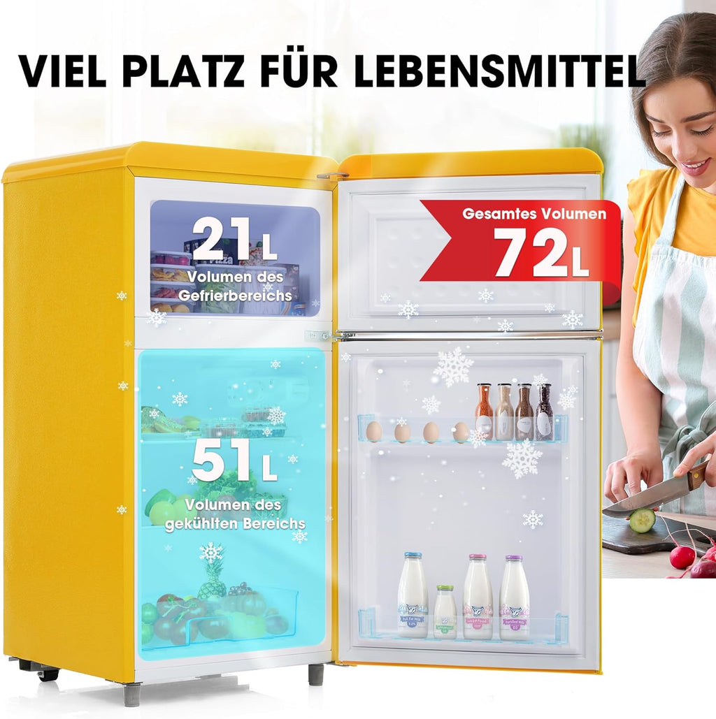 Merax Frigorifero con Congelatore, Frigorifero Combinato, Piccolo Frigorifero con 51L e Congelatore 21L, Silenzioso, LED, Ripiani in Vetro, Cassetto Verdura, Balconcini, per Cucina, Soggiorno, Ufficio, Nero