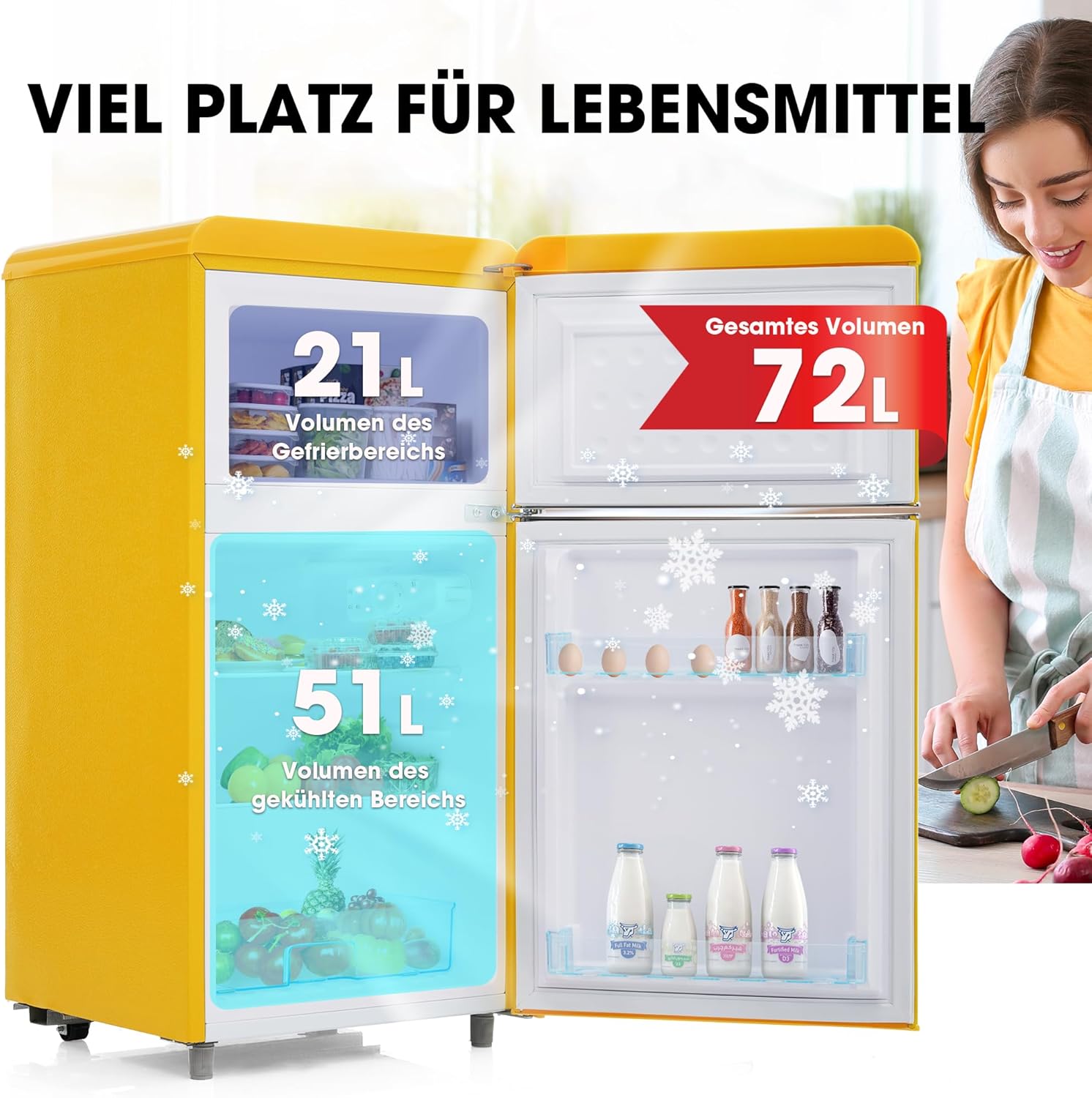 Merax Frigorifero con Congelatore, Frigorifero Combinato, Piccolo Frigorifero con 51L e Congelatore 21L, Silenzioso, LED, Ripiani in Vetro, Cassetto Verdura, Balconcini, per Cucina, Soggiorno, Ufficio, Nero