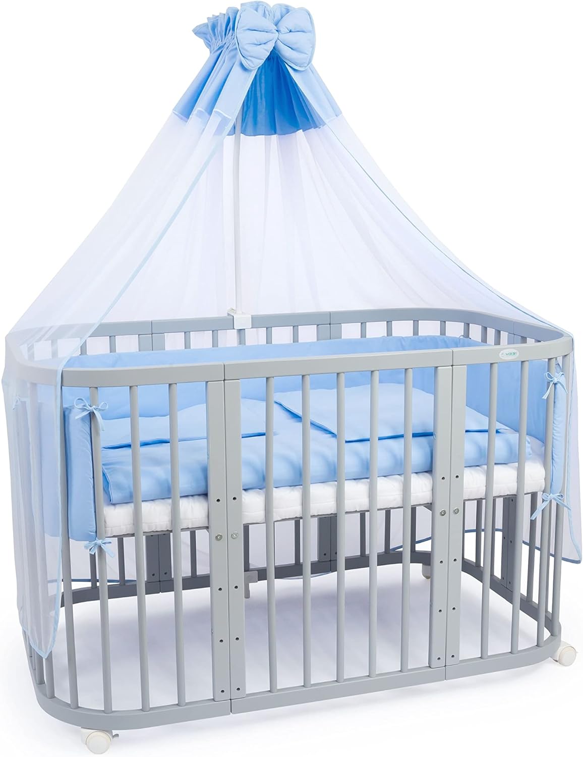Waldin Lettino per bambini in legno 7in1 con materasso, Letto "Cresci con me", Ventilato, Base regolabile in 5 altezze, Set All-Inclusive, Legno Bianco