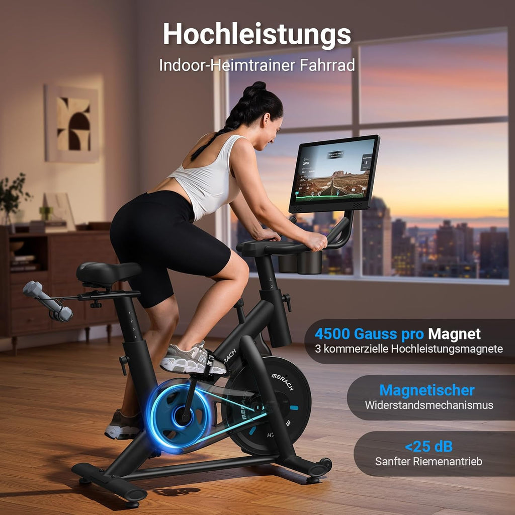 MERACH Cyclette con Resistenza Regolabile, Bici da Allenamento Silenziosa con Monitor LCD Migliorato, Supporto per Tablet, Cyclette da Interno per Cardio Fitness a Casa, App Dedicata, Fino a 136 kg