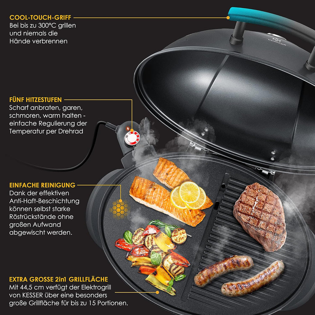 KESSER® Barbecue elettrico 2 in 1 da tavolo e da terra con coperchio, base, termometro max. 2400 Watt, piastra antiaderente XXL, ripiano, barbecue elettrico a colonna, set per barbecue incluso