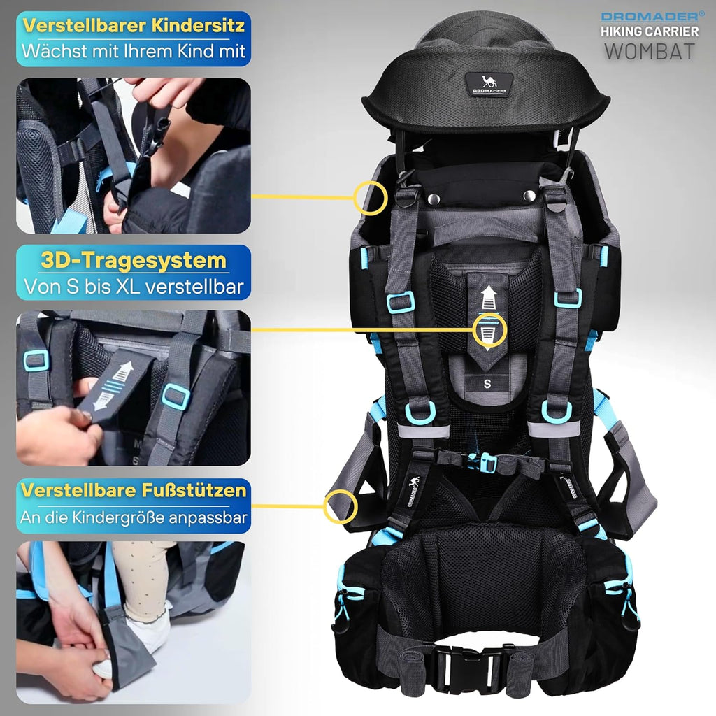 Dromader Kraxe Kindertrage bis 22kg – Kindertrage Wandern mit Sonnendach, Regenschutz, Thermotasche, Wickelmatte – Einhändig klappbare Rahmen – Blau