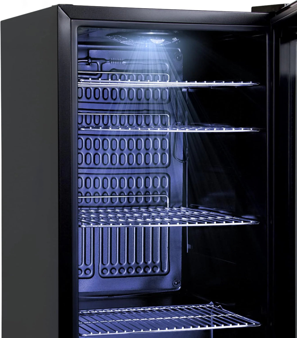 °CUBES Frigorifero per bevande 90L con porta in vetro e 4 ripiani regolabili | Frigorifero compatto per bottiglie, perfetto per casa, ufficio, feste e ristorazione | Elegante frigorifero con porta in vetro, nero