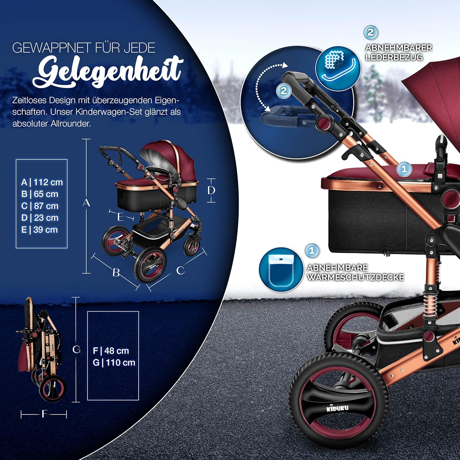 KIDUKU® Set completo passeggino 3 in 1 | Set passeggino combinato con navicella e sedile sportivo passeggino e seggiolino auto ovetto sacco a pelo | Ruote in gomma piena borsa per il cambio scaldamani parapioggia tavolino ECE R129