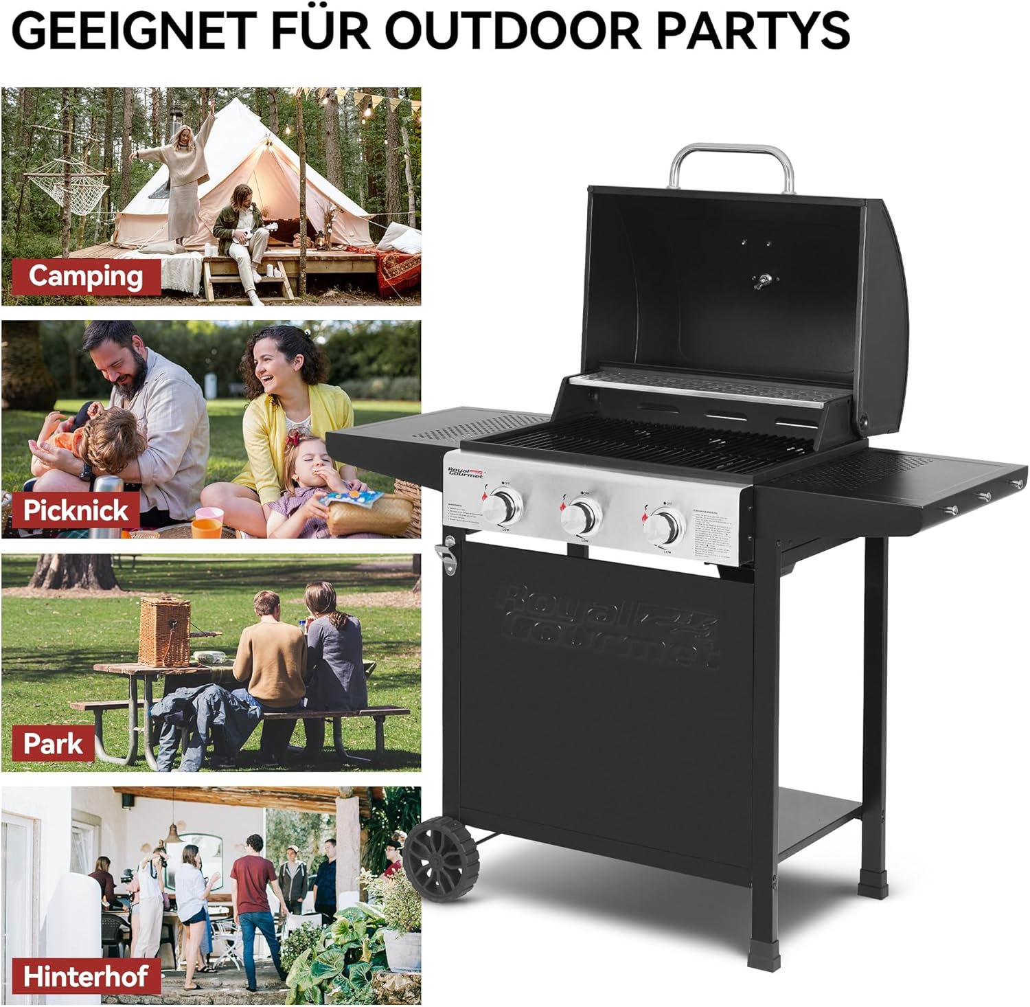 Royal Gourmet Grill a gas carrello 3 bruciatori 9 kW, fornello a gas da campeggio con piastra di cottura, barbecue da giardino con apribottiglie, regolatore di pressione e tubo del gas, griglia di cottura ca. 60 x 42 cm, Nero