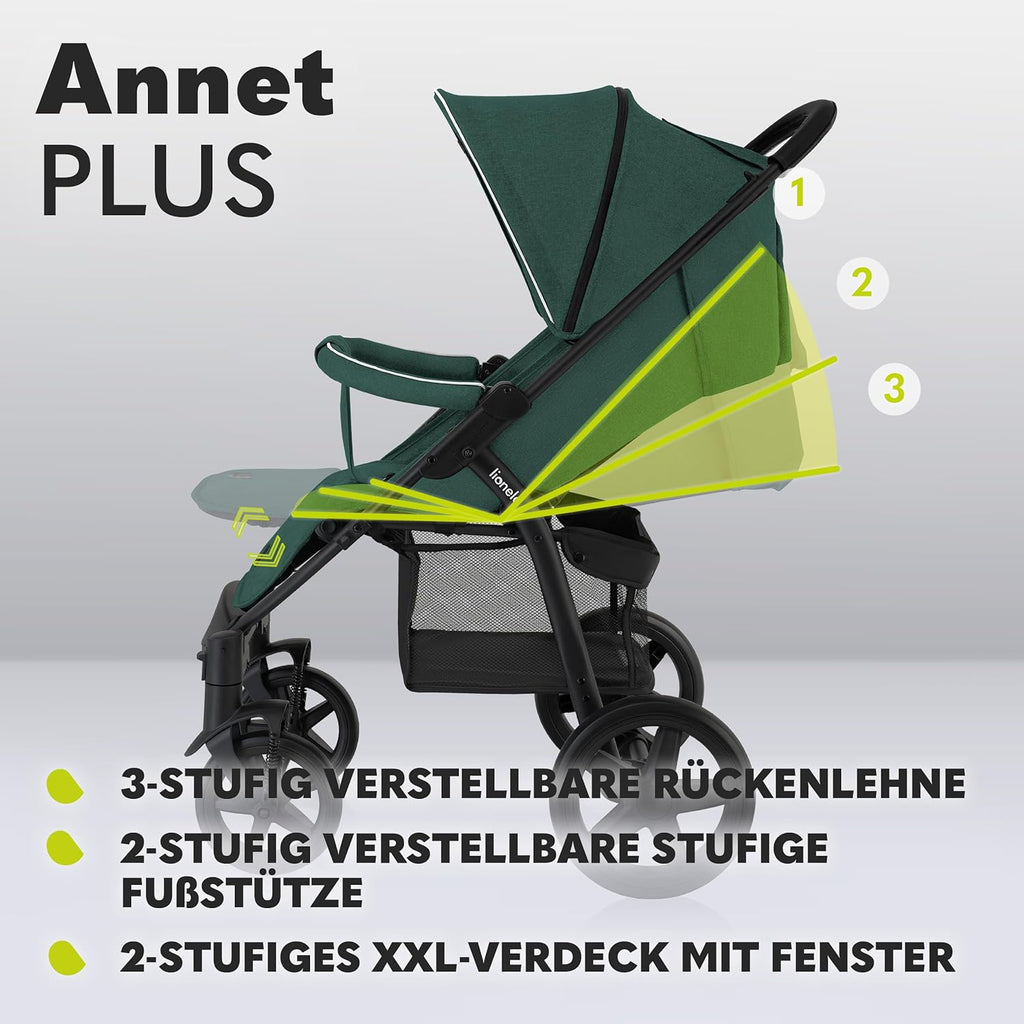 LIONELO Annet Buggy fino a 22 kg con funzione reclinabile, passeggino compatto richiudibile con accessori, ruote in schiuma EVA, zanzariera, coprigambe, portabevande, cestino (Golden Moments, Tour)