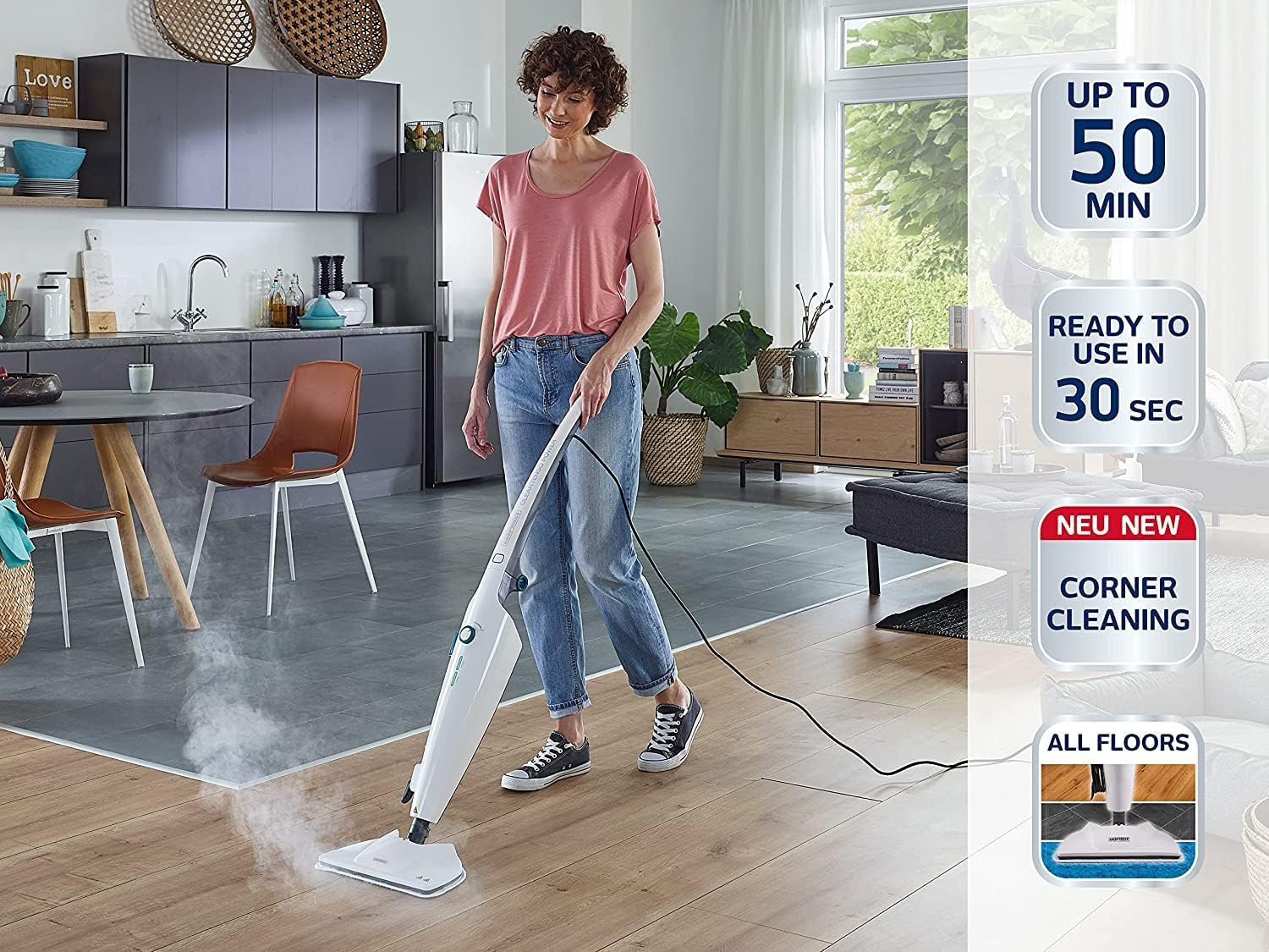 Leifheit Pulitore a vapore CleanTenso Power 2.0 con vapore caldo contro i batteri, Mop a vapore con tempi di riscaldamento brevi e 50 minuti di autonomia, Scopa a vapore per la pulizia degli angoli, Spazzola a vapore dal design moderno