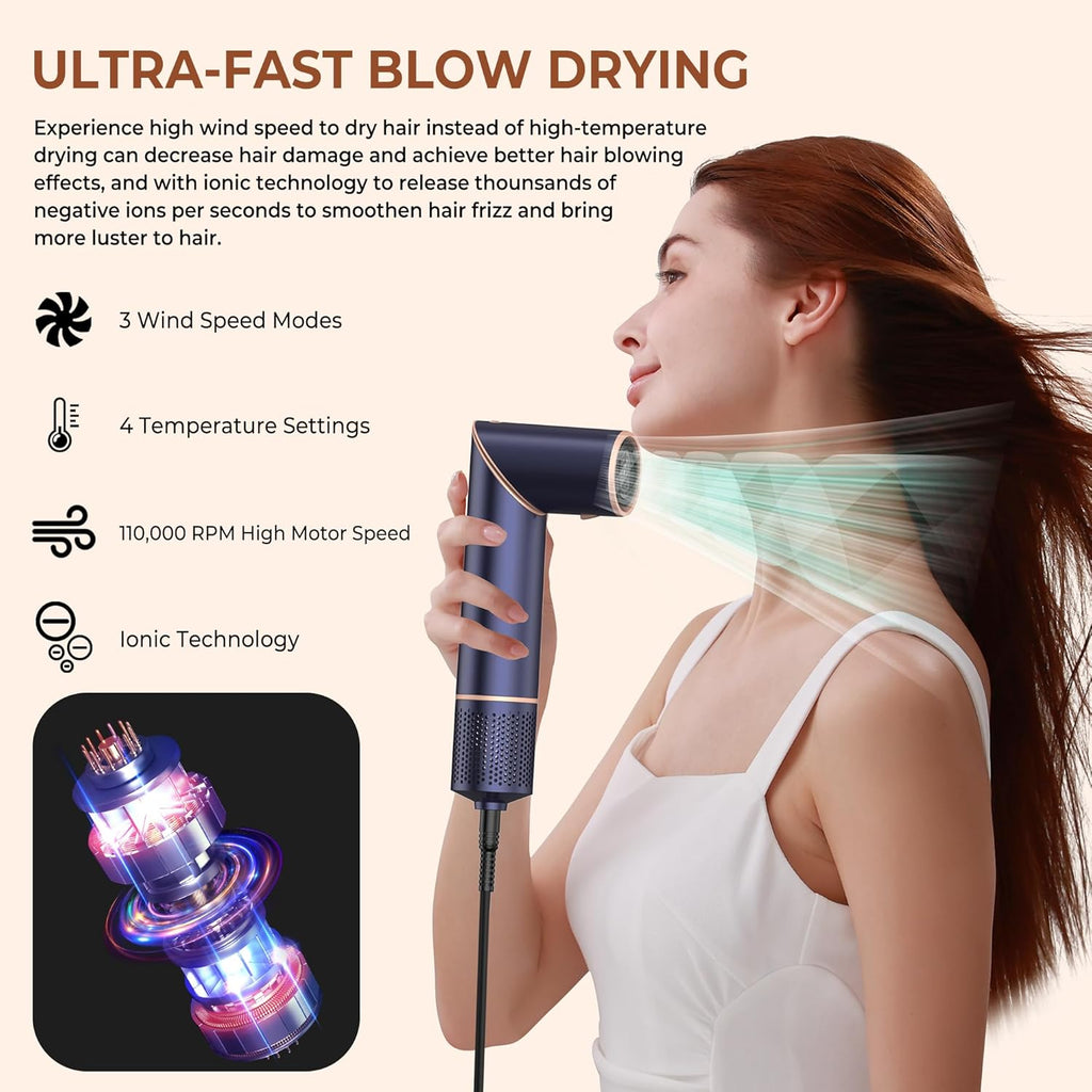 UKLISS 7 in 1 Pro Airstyler & Ionen Föhn [110,000RPM] High-speed Haartrockner Ionen Hair Dryer, mit Heißluft Lockenwickler Thermal Brush Haarglätterbürste Warmluftbürste Föhnbürste, 1200W/Blau