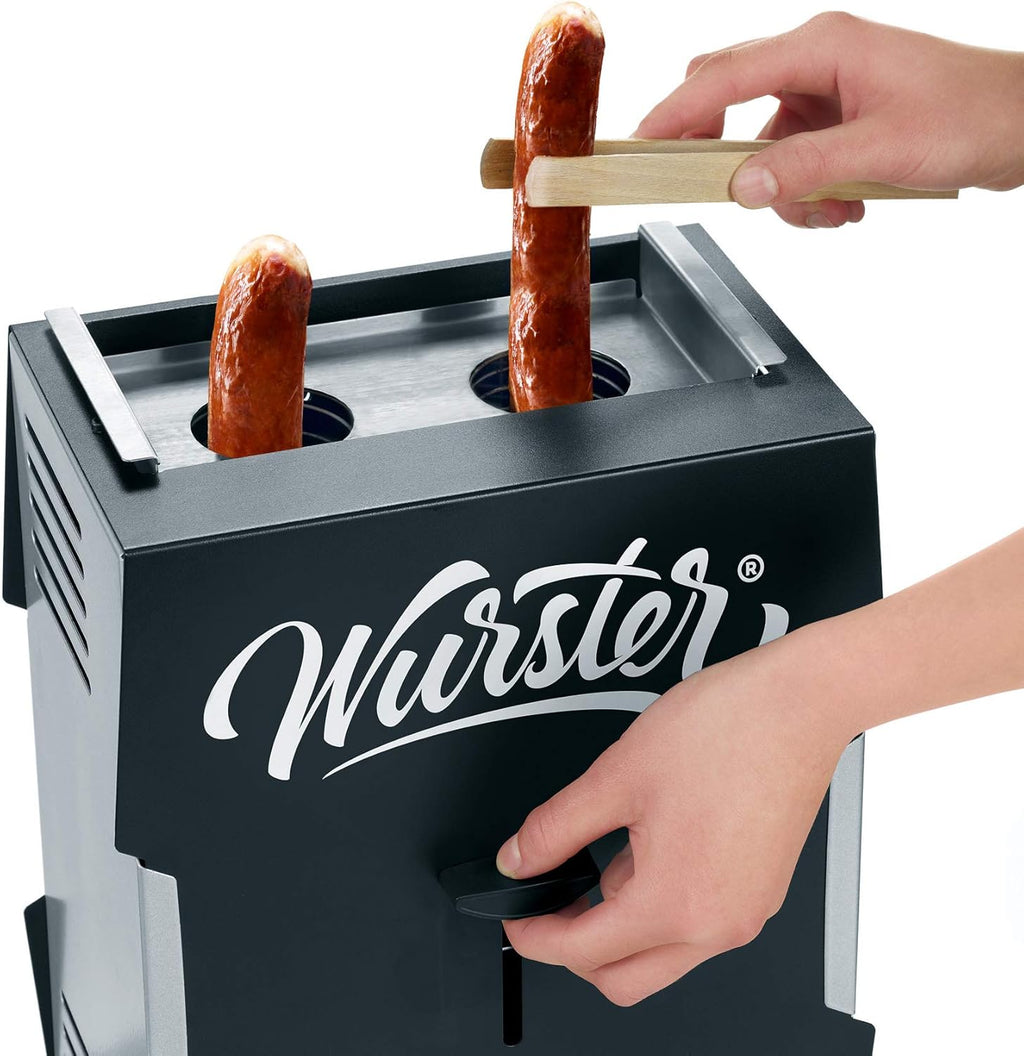 SEVERIN WURSTER, wurstel perfettamente dorati in 5 minuti con la sola pressione di un pulsante, senza aggiunta di grassi estranei, pinza in legno inclusa, nero, acciaio inossidabile/plastica, WT 5005