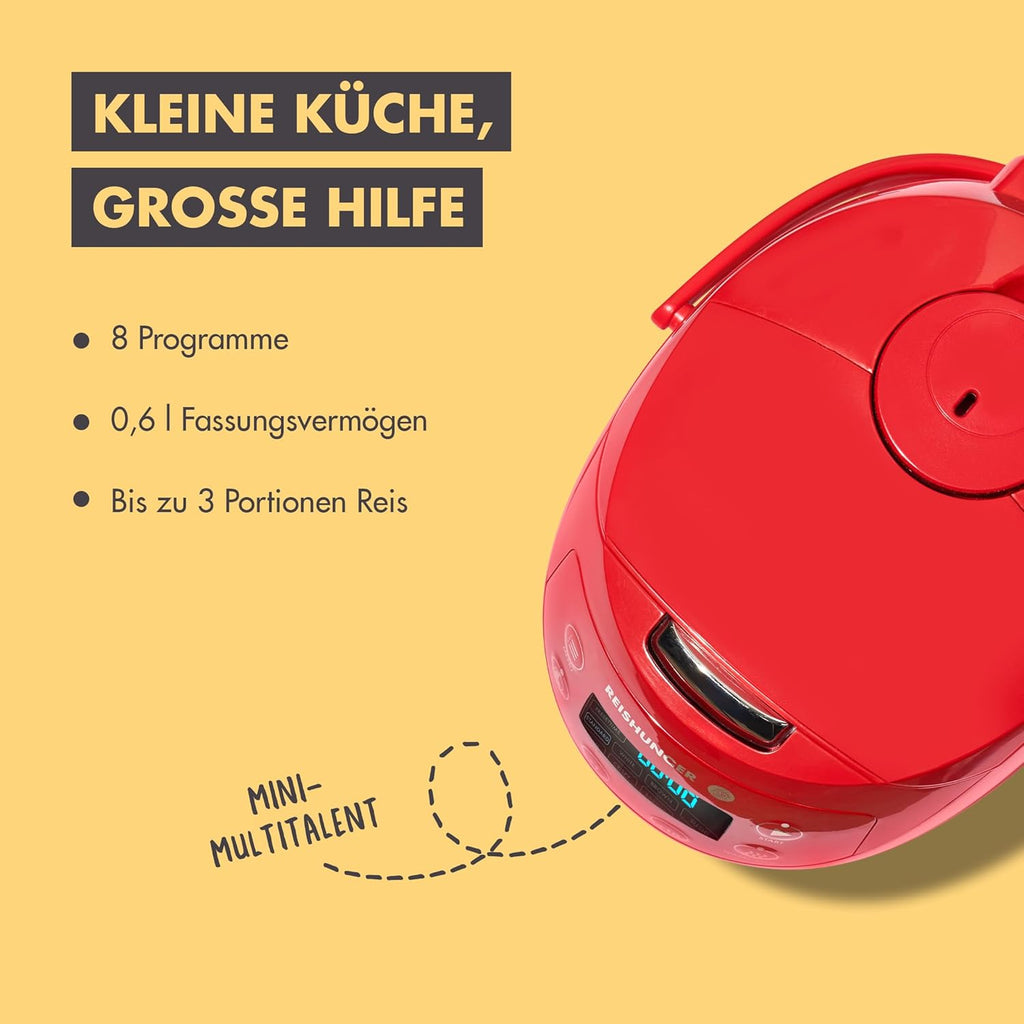 REISHUNGER Cuociriso digitale piccolo, nero | Da 0,6 L fino a 3 persone | Funzione mantenimento calore, timer e pentola premium | Multicooker e vaporiera piccoli, 8 programmi, tecnologia a 7 fasi