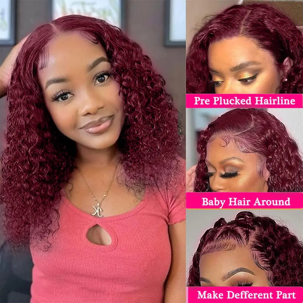 Parrucca frontale in pizzo bordeaux in capelli veri 99J, parrucca frontale in pizzo 13x4, parrucca corta riccia bob pre-strappata con attaccatura dei capelli, densità del 180% per le donne nere