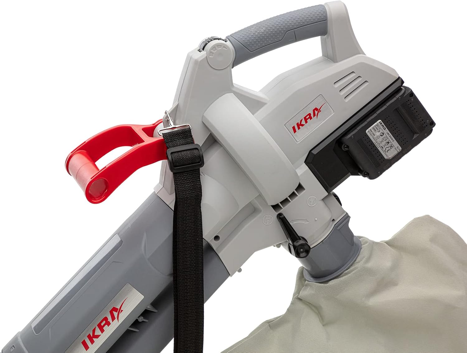 IKRA 74003200 Batteria Soffiatore Aspiratore Trituratore 3in1 ICBV 2/20 incl. 2 batterie e caricatore doppio rapido, 40 V, Grigio/Rosso