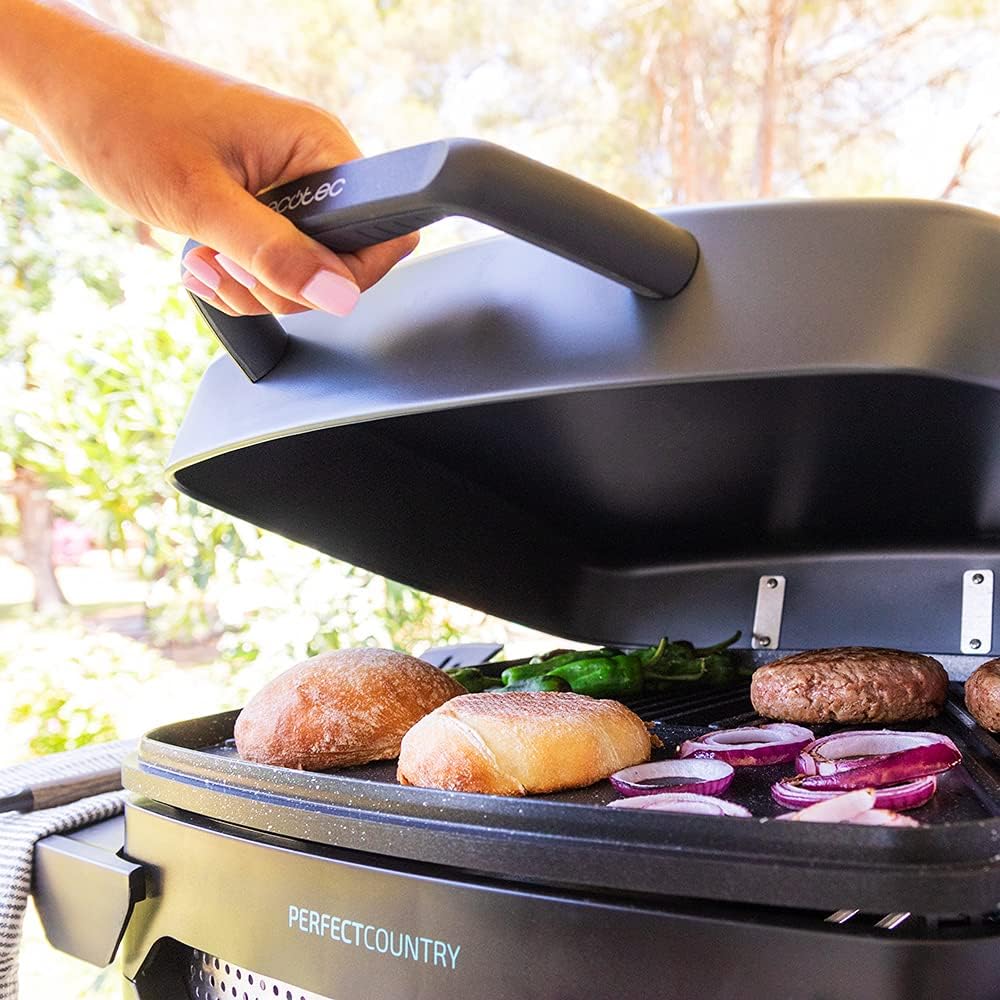 Cecotec Elektrischer Grill Perfect Country 2000 EasyMove. 2000 W, Mix- und Antihaft-Oberfläche, klappbarer Deckel, einstellbares Thermostat, Fettauffangschale, Stahlbeine und Räder