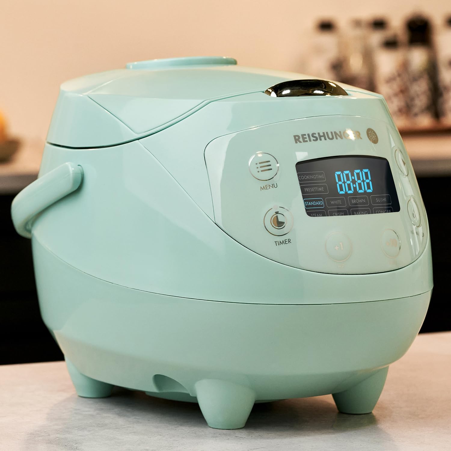 REISHUNGER Cuociriso digitale piccolo, nero | Da 0,6 L fino a 3 persone | Funzione mantenimento calore, timer e pentola premium | Multicooker e vaporiera piccoli, 8 programmi, tecnologia a 7 fasi