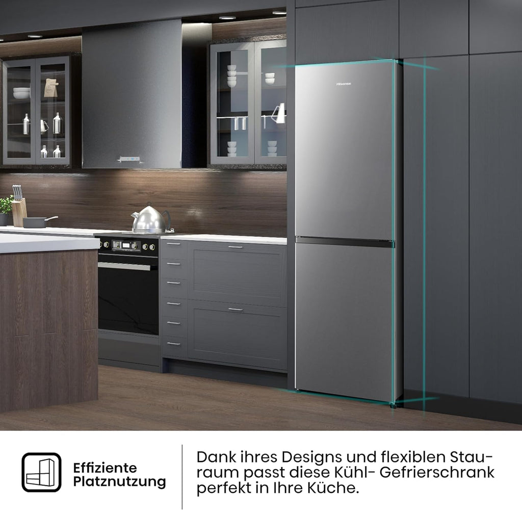 Hisense RB327N4ADD Frigorifero Combinato, Classe Energetica D, Total NoFrost, Porta Reversibile, Griglia Portabottiglie, Vano Frigo 171 Litri, Vano Congelatore 85 Litri, Look Acciaio Inox