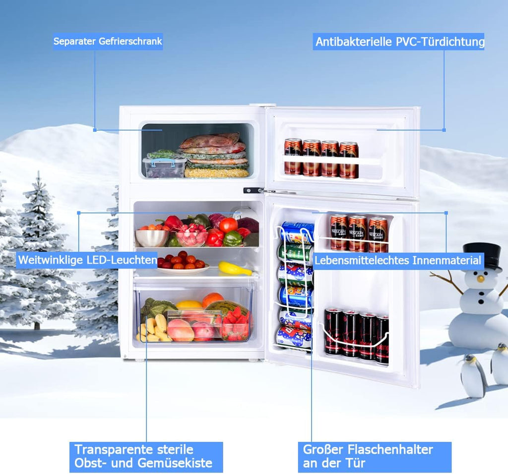 GOPLUS Frigorifero con congelatore - Combinazione frigo-congelatore / Capacità totale 90L, vano congelatore 27L / Termostato regolabile / Illuminazione interna a LED / Cerniera porta reversibile (Bianco)