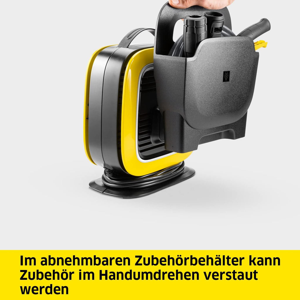 Idropulitrice Kärcher K Mini, leggera e compatta, pressione: max. 110 bar, portata: 360 l/h, superficie: 20 m²/h, peso: 3,93 kg, pistola ad alta pressione, ugello rotante mangia-sporco, lancia, filtro dell'acqua, nero, giallo