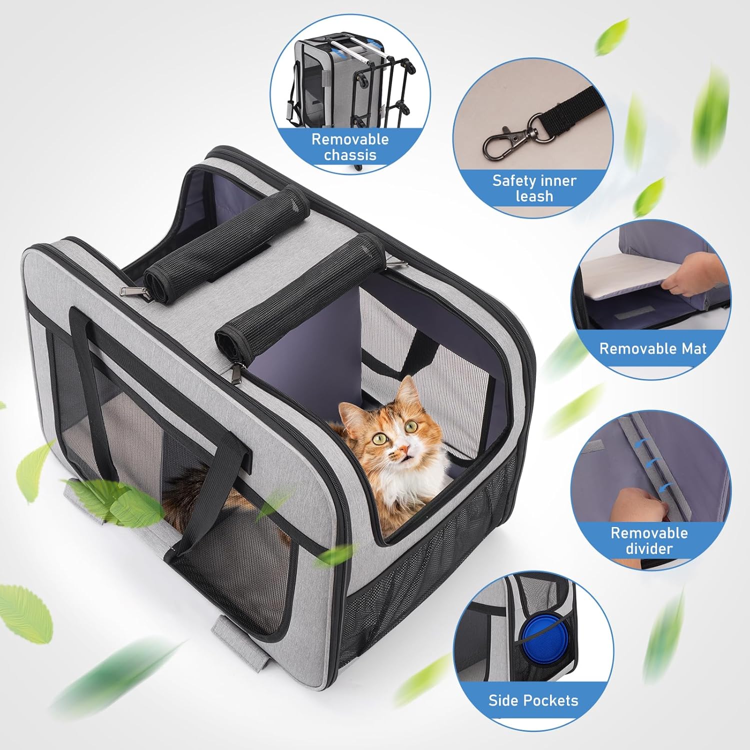 FASNATI Extra groe Doppel-Fach-Haustier-Tragetasche mit abnehmbaren Rdern für Katze/Hund, faltbare Rolltrage für 2 Katzen, Haustier-Katzen-Reisetrage für Spaziergnge/Camping, Grau