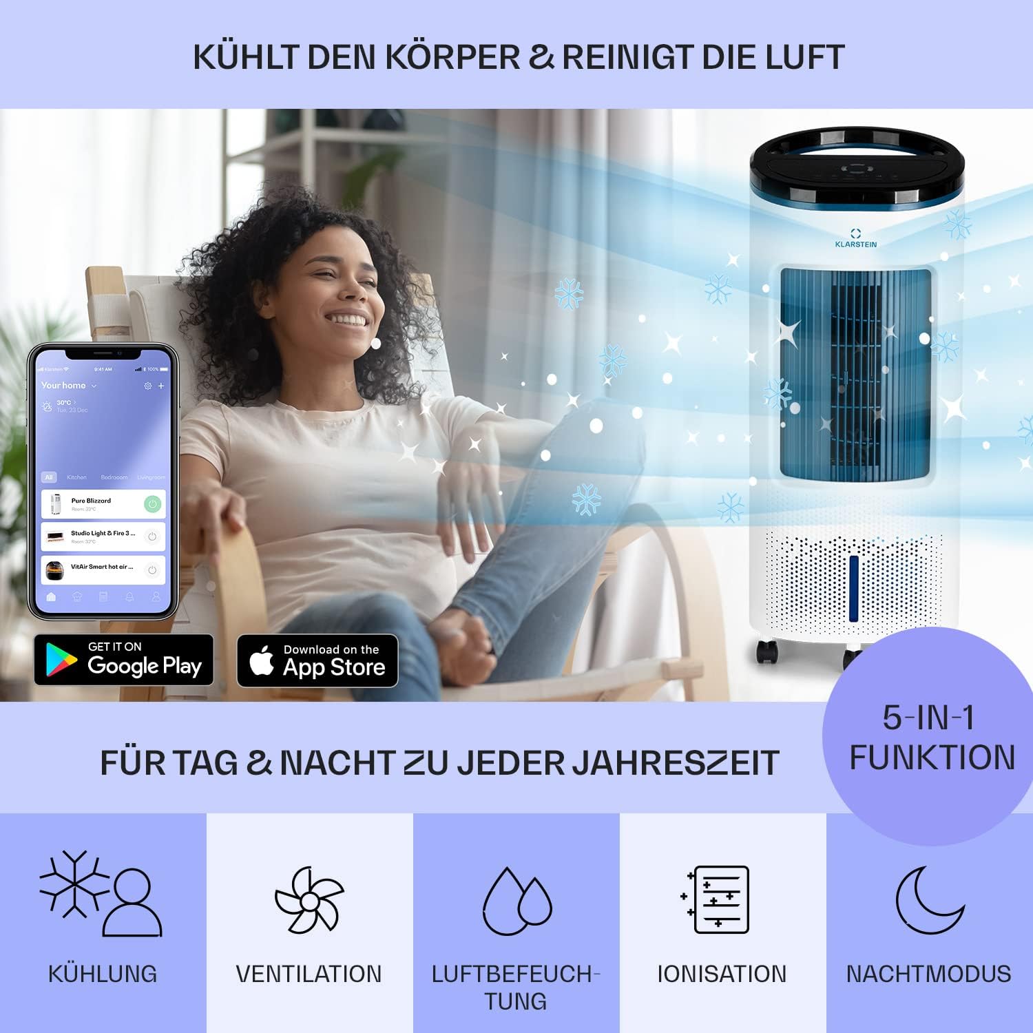 Klarstein Raffreddatore d'aria con Raffreddamento ad acqua, Raffrescatore Evaporativo Silenzioso 4-in-1, Umidificatore, Ventilatore e Modalità Notte, Raffrescatore Evaporativo Portatile 7L, 65W Air Cooler, Flusso d'aria di 330m³/h