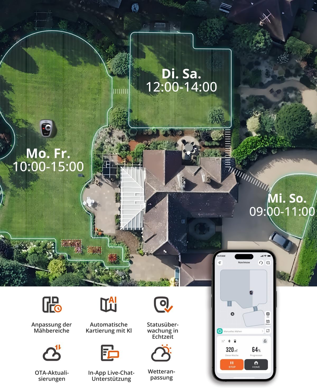 Navimow i105E Robot Rasaerba senza Filo, 500 m, Robot Tagliaerba RTK+Vision, Mappatura Automatica AI, Confine Virtuale, Gestione Multizona