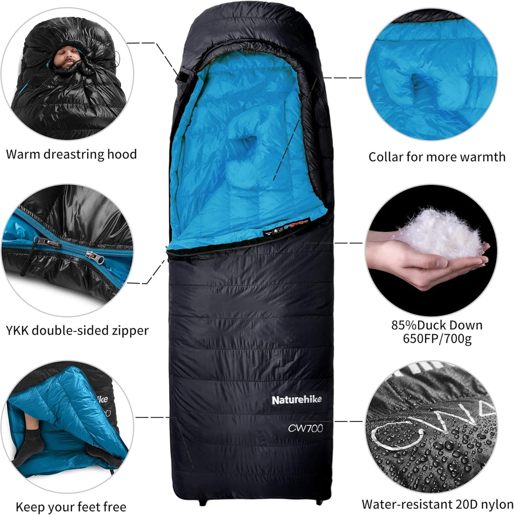 Naturehike CW700/CW400 Sacco a Pelo in Piuma, Ultraleggero, Portatile, Compatto, per Inverno, 4 Stagioni, per Adulti e Bambini, Campeggio, Escursionismo, Viaggi, con Sacco a Compressione