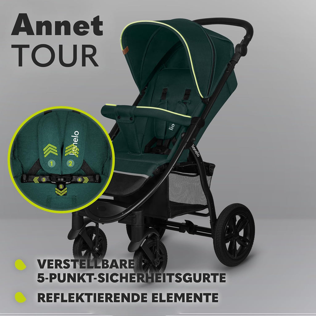 LIONELO Annet Tour Kinderwagen bis 22 kg, verstellbarer Griff, zusammenklappbar, verstellbare Rückenlehne bis zur Liegeposition, wartungsfreie Räder, XXL-Verdeck, 5-Punkt-Gurt, Einkaufskorb