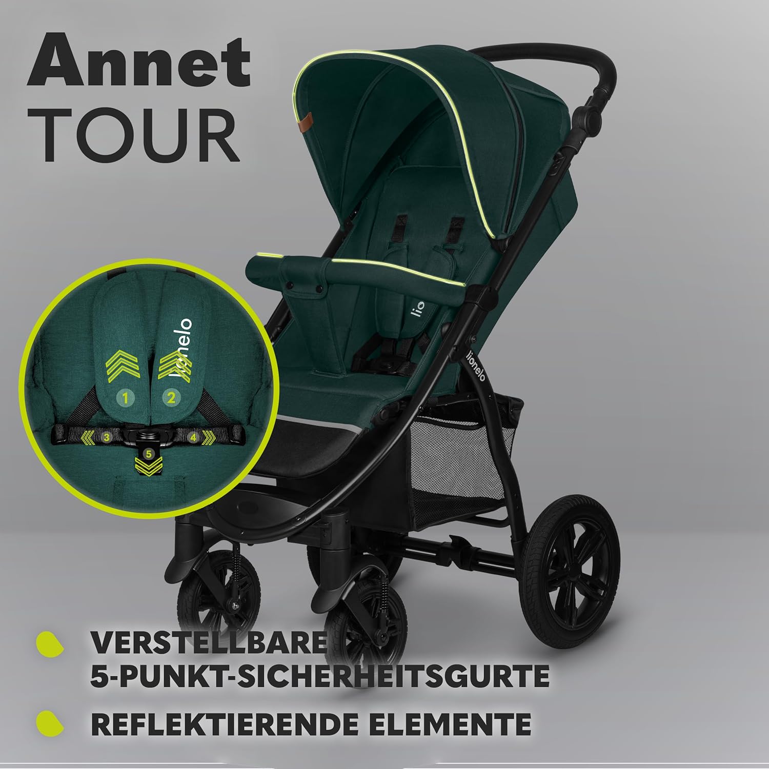 LIONELO Annet Tour Kinderwagen bis 22 kg, verstellbarer Griff, zusammenklappbar, verstellbare Rückenlehne bis zur Liegeposition, wartungsfreie Räder, XXL-Verdeck, 5-Punkt-Gurt, Einkaufskorb
