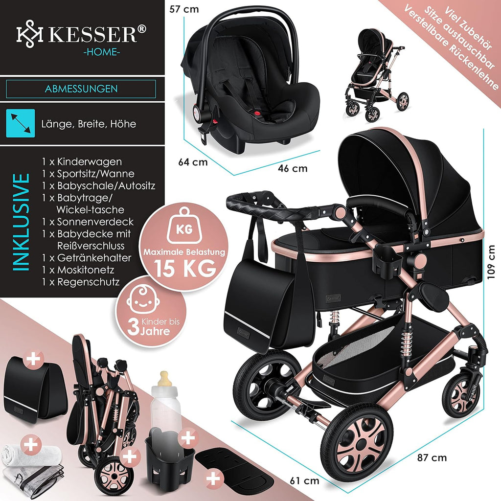 KESSER® Loops 3 in 1 Kinderwagen Kombikinderwagen Komplett-Set inkl. Babywanne & Buggy Sportsitz & Auto-Babyschale Voll-Gummireifen Wickeltasche Regenschutz Kindertisch ECE R129, Schwarz/Schwarz