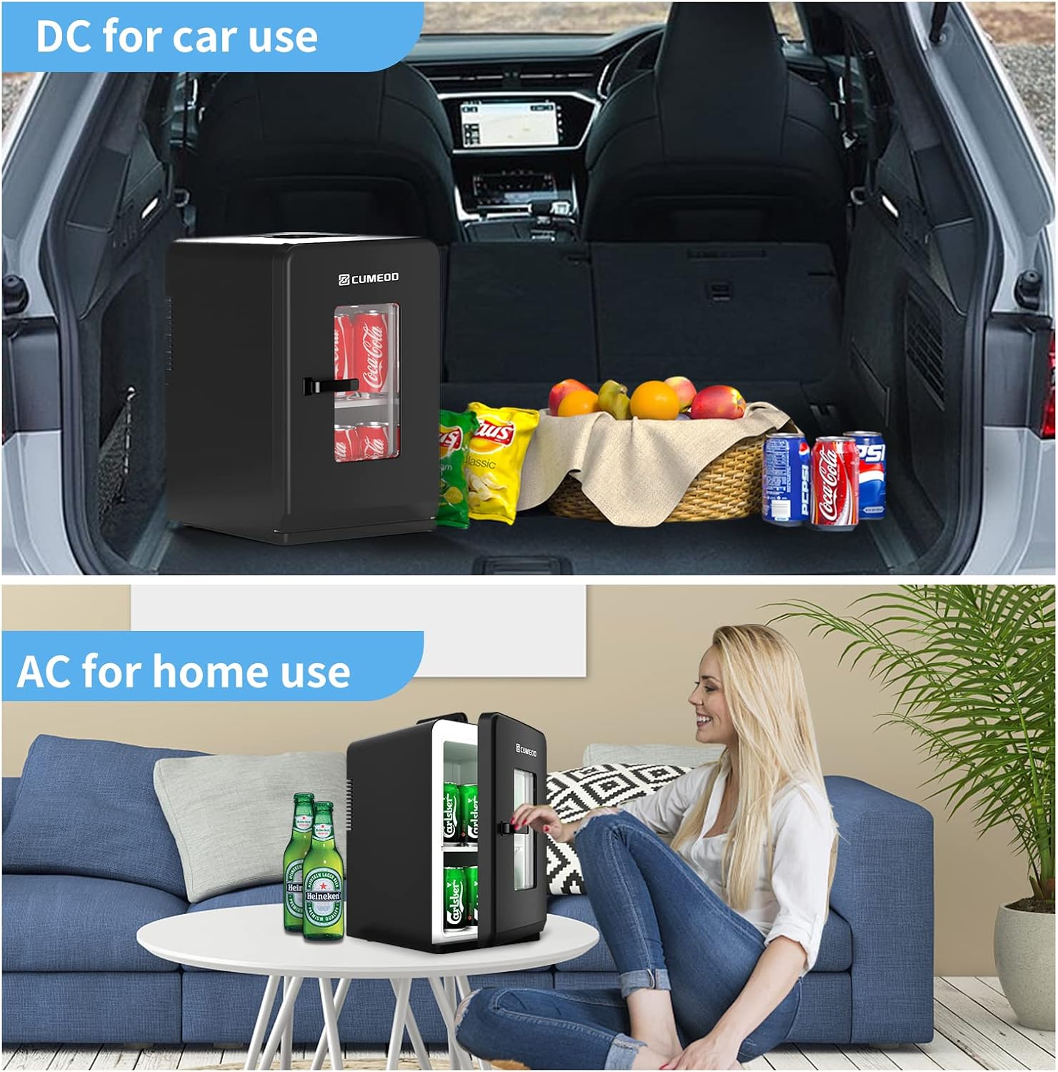 Cumeod Mini Frigo 15 Litri/21 Lattine, 2 in 1 Frigorifero Portatile con Funzione di Raffreddamento e Riscaldamento, 12V DC/220V AC per Auto, Ufficio e Camera da Letto, Bevande, Cosmetici, Nero, Modalità Max ed Eco