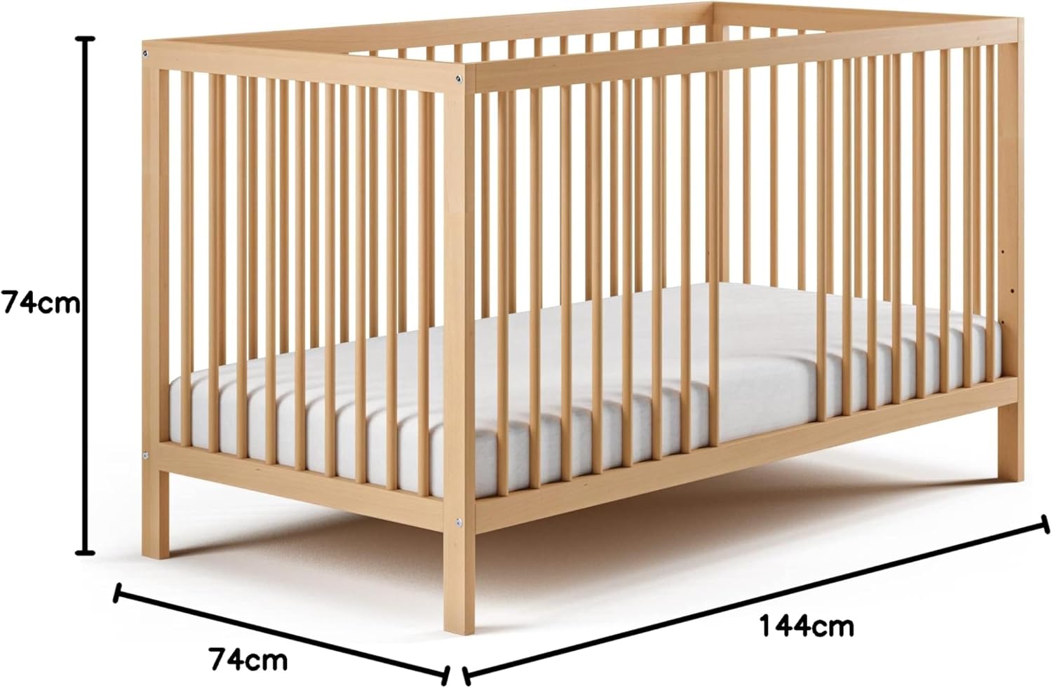 Kids Collective Lettino per neonati 60x120 regolabile in altezza e sponde rimovibili, opzionale con cassetto e materasso | Legno di faggio bianco molto stabile Prodotto in Europa