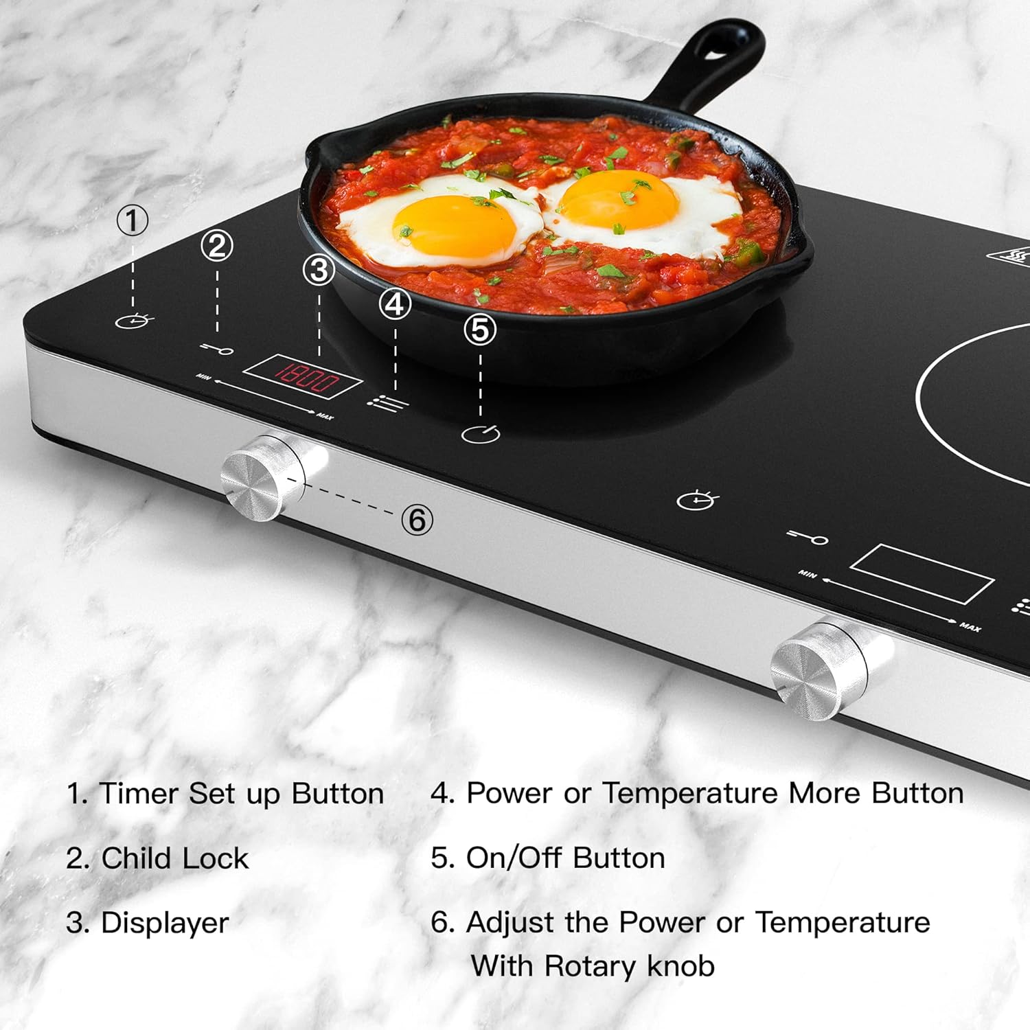 COOKTRON piano cottura a induzione a 2 fuochi, doppio piano cottura a induzione 3500W, 10 livelli di temperatura, 9 livelli di potenza, funzione Booster, timer di 4 ore, controllo touch, Nero