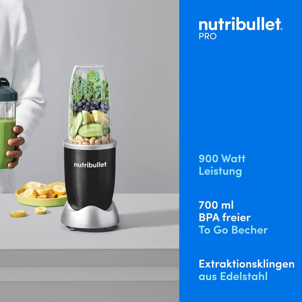 nutribullet Pro, 900 Watt, Facile e veloce da usare, Compatto, Facile da pulire, Con bicchiere da 700 ml, Frullatore per smoothie, Mixer elettrico, NB904B, Nero